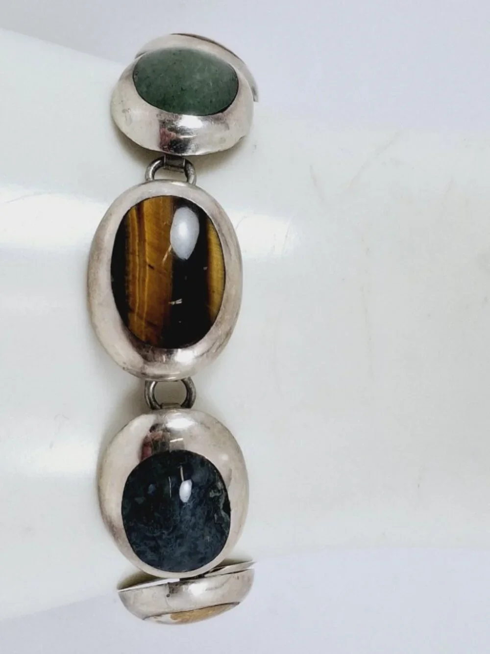 Vintage 1950s Taxco Mexico 925 Sterling Silver Multi Gemstone Link Bracelet - Picture 2 of 15